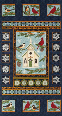 Moda Winter Song panel, navy background, also available with green or red background